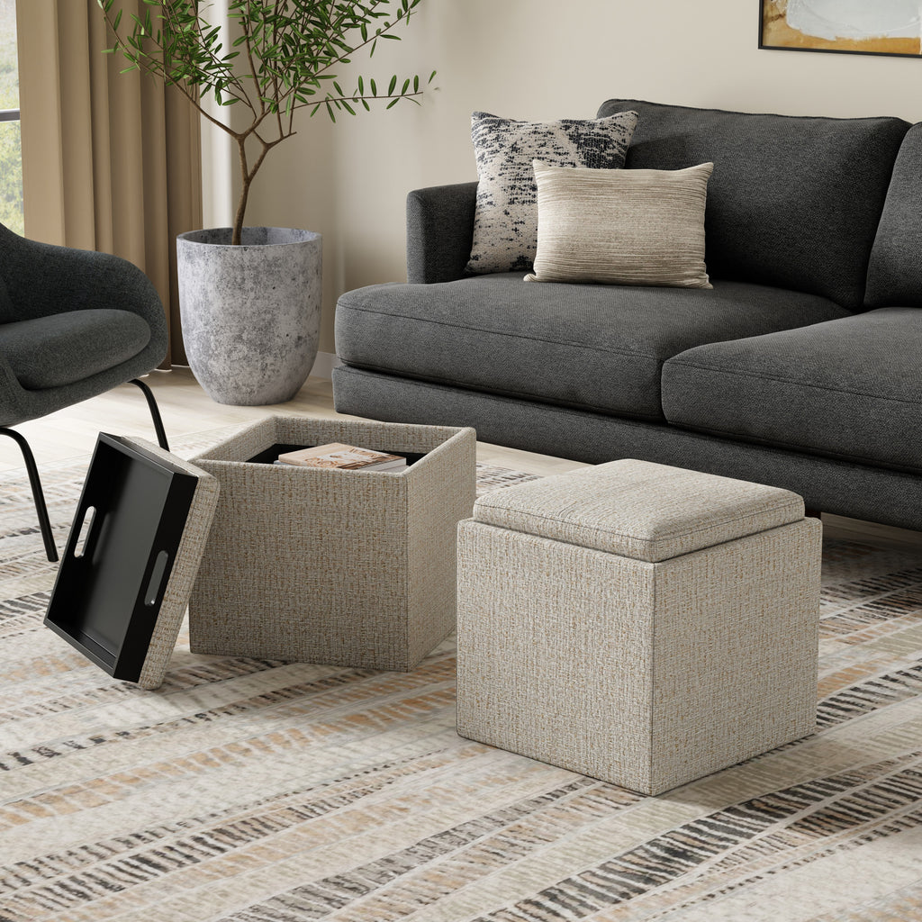 Rockwood 17 inch Wide Cube Storage Ottoman with Tray Top in Platinum