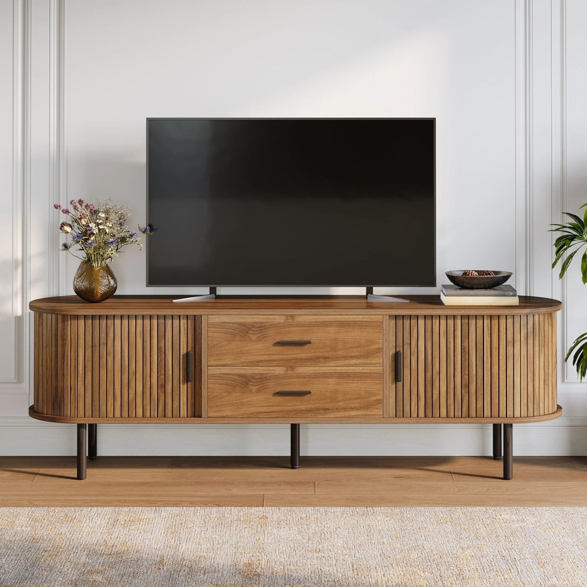 70.87' Walnut Mid-Century Modern Fluted TV Stand with Tambour Sliding Doors for Living Room