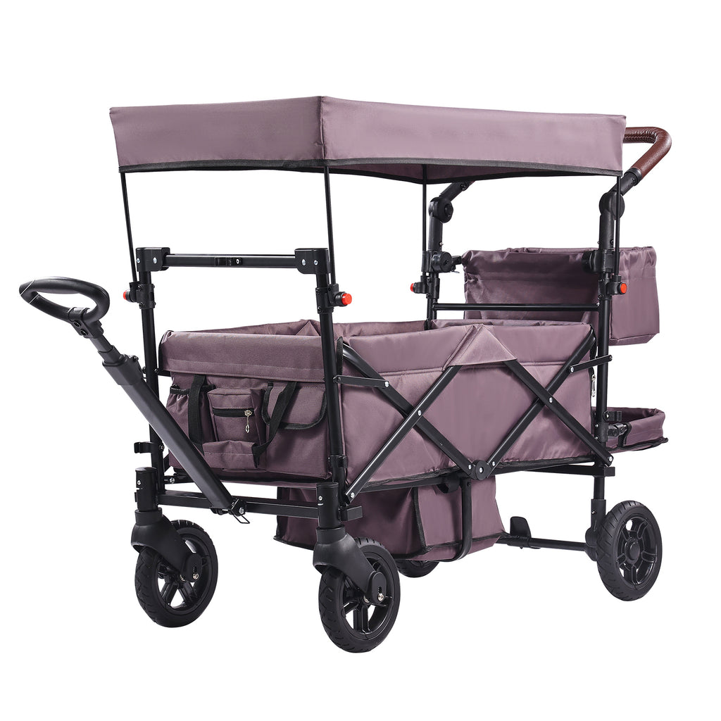 Wagon Stroller for 2 Kids, Push Pull Quad Collapsible Stroller with Adjustable Handle, Encircling Harness Removable Canopy,4 Wheels w/ Brakes,Mutifunction Tandem Stroller for Camping Dark Purple