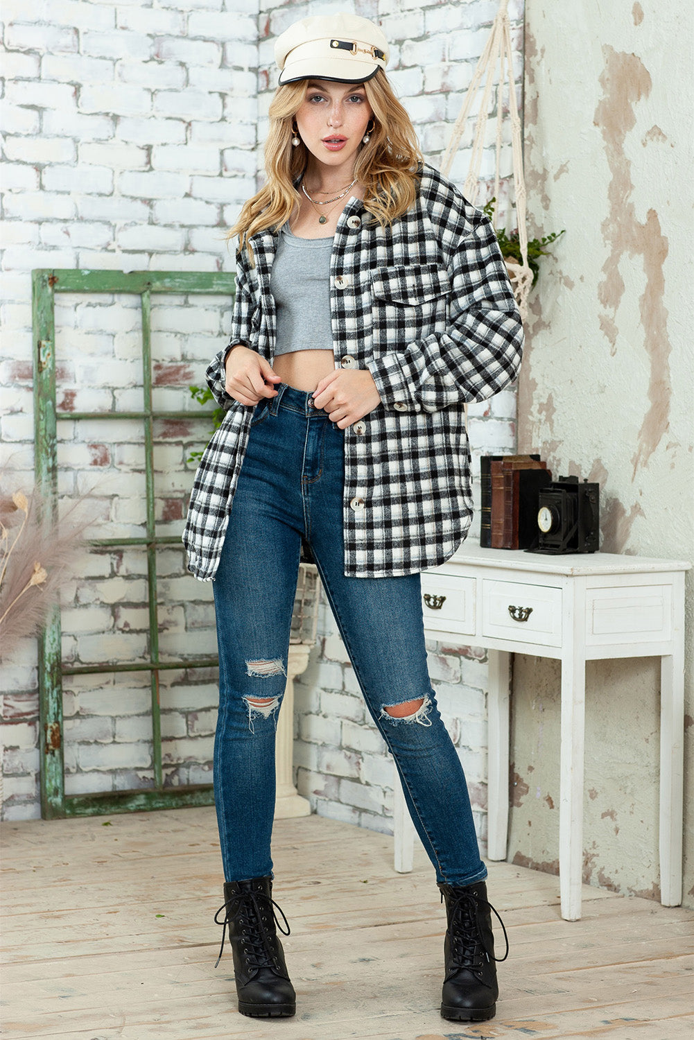 Wholesale Black Plaid Print Chest Pockets Buttoned Tunic Shacket - Eloy Royal