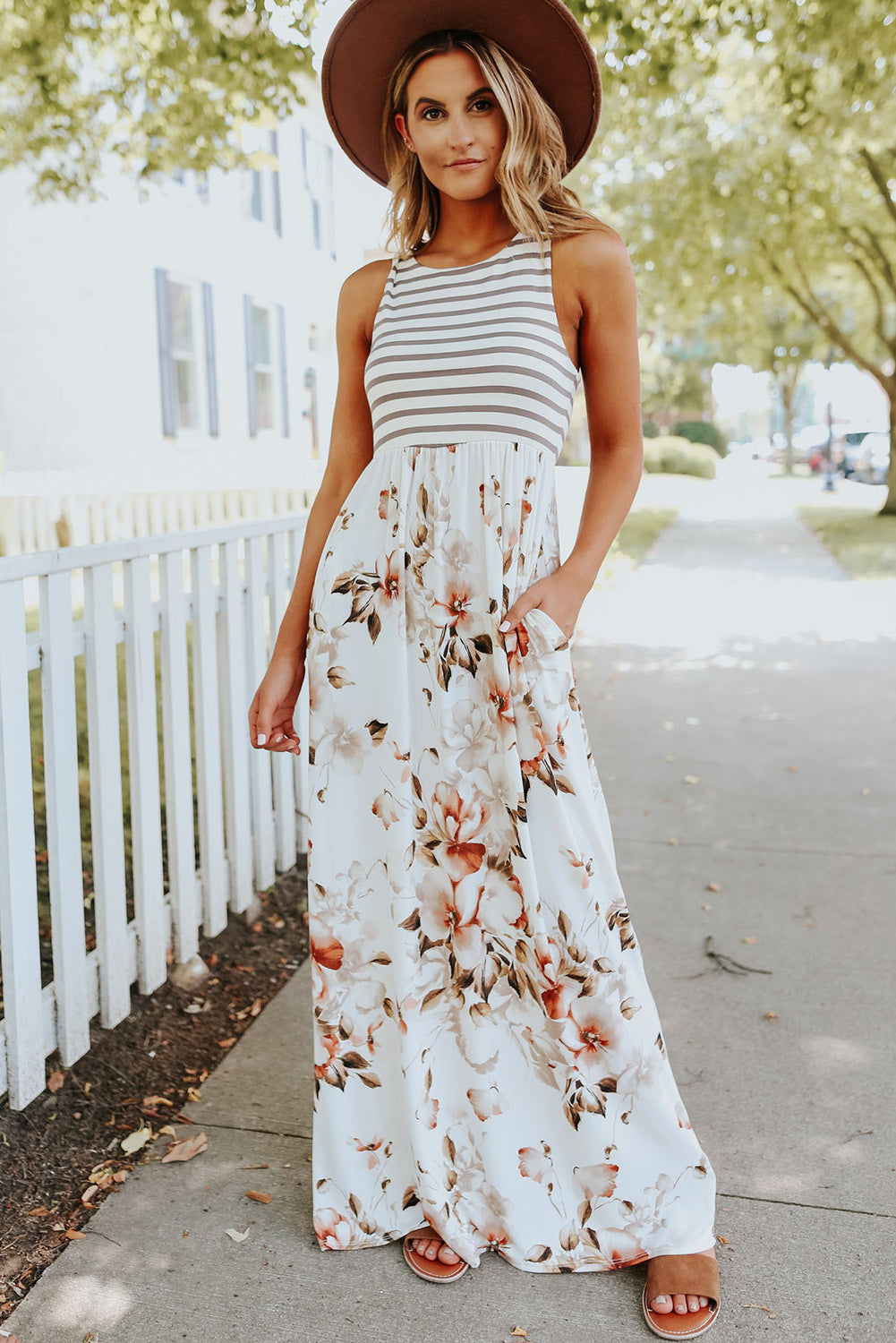 White Boho Stripes & Floral Print Floor Length Tank Dress - Eloy Royal