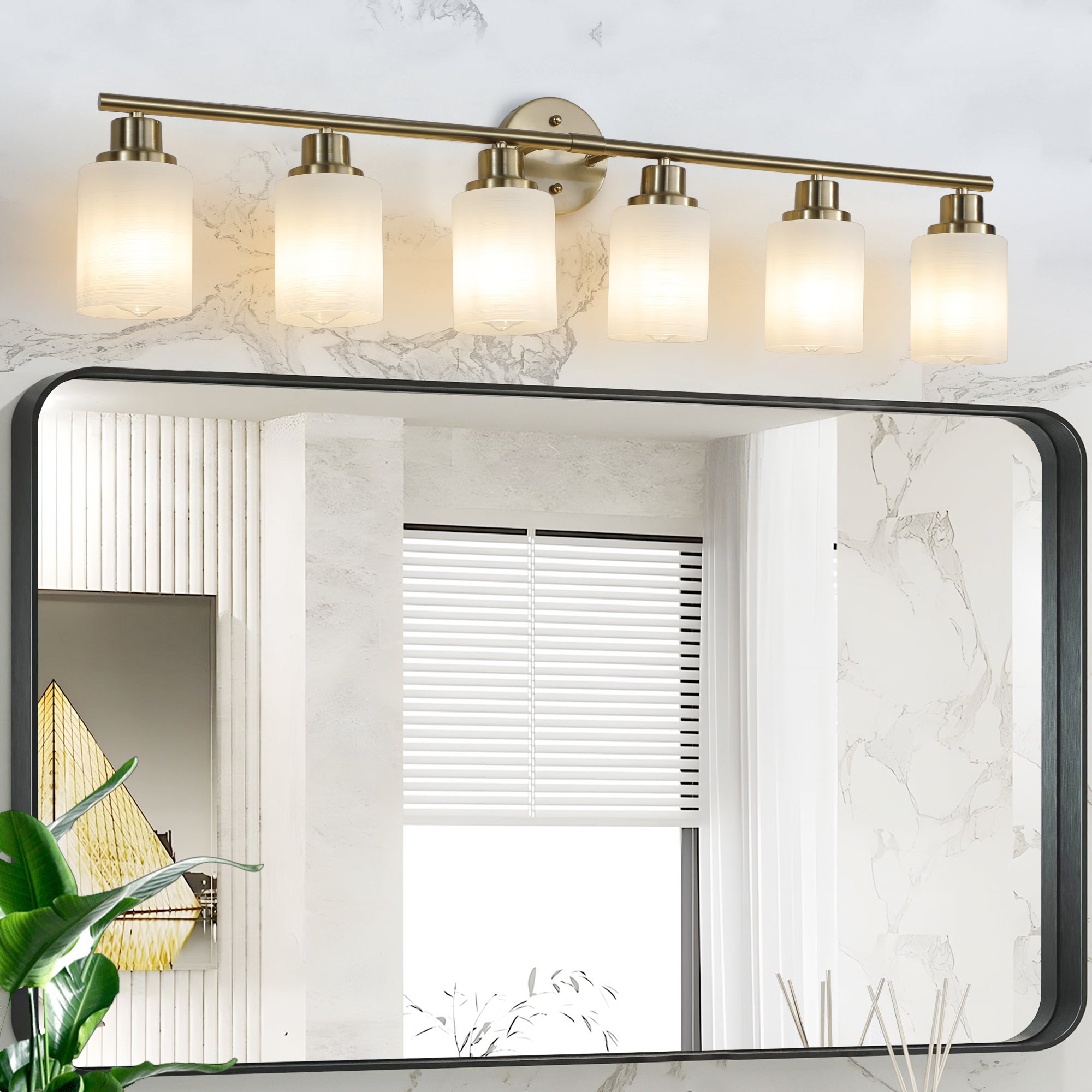 39' Modern 6-Light Vanity Wall Sconce, Golden Finish with Frosted Glass Shades for Bathroom or Hallway Lighting (No Bulbs)