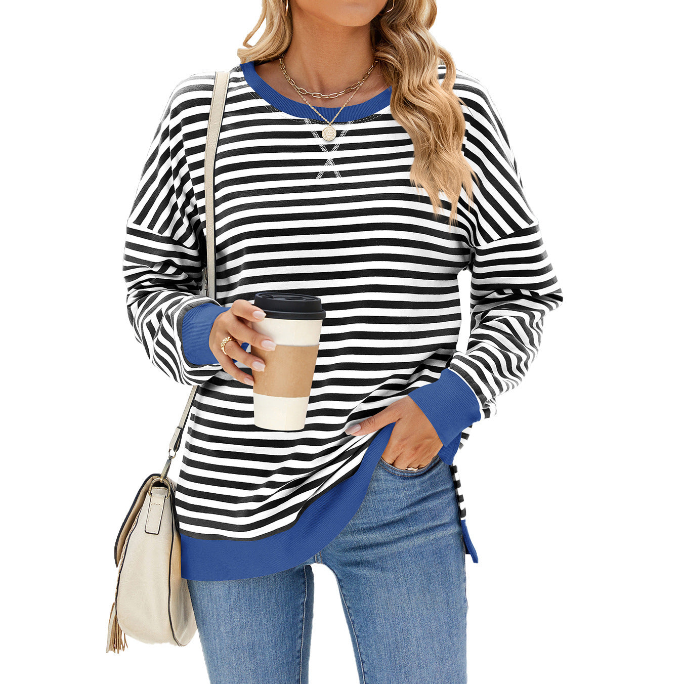 Mixed Color Striped Printed Split Design Long Sleeve T-Shirt Fashion Casual Round Neck Pullover Top Women's Clothing