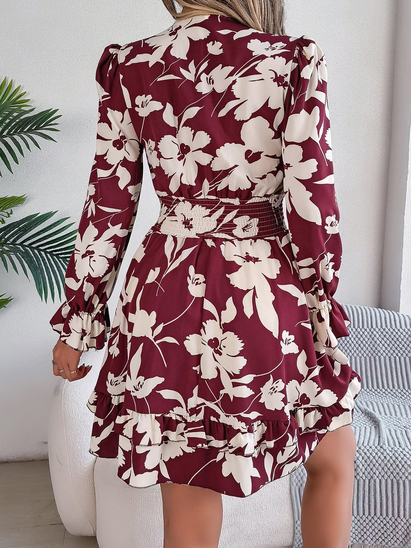 New Floral Printed V-Neck Long Sleeve Dress Fashion Ruffles Bowknot A-Line Short Dress Women's Clothing