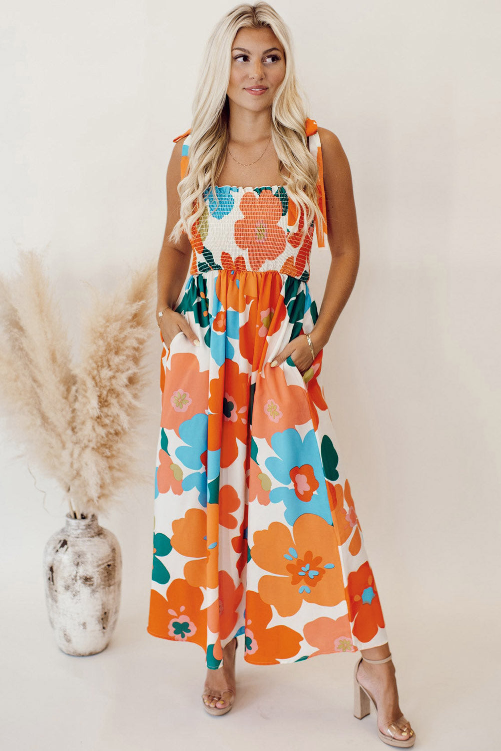 Orange 60s Floral Printed Shoulder Tie Smocked Maxi Dress - Eloy Royal