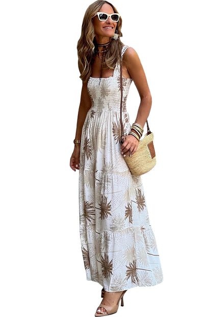 White Tropical Print Smocked Ruffled Straps Maxi Dress - Eloy Royal