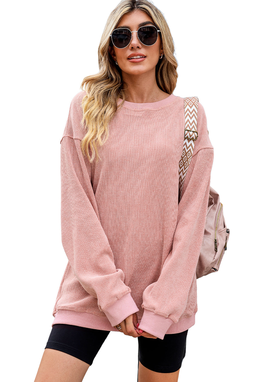 Khaki Solid Ribbed Round Neck Pullover Sweatshirt - Eloy Royal