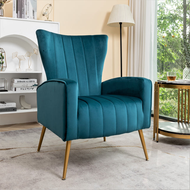 Velvet Accent Chair with Metal Legs, Modern Upholstered Armchair, Wingback Side Chair for Living Room Bedroom Small Spaces