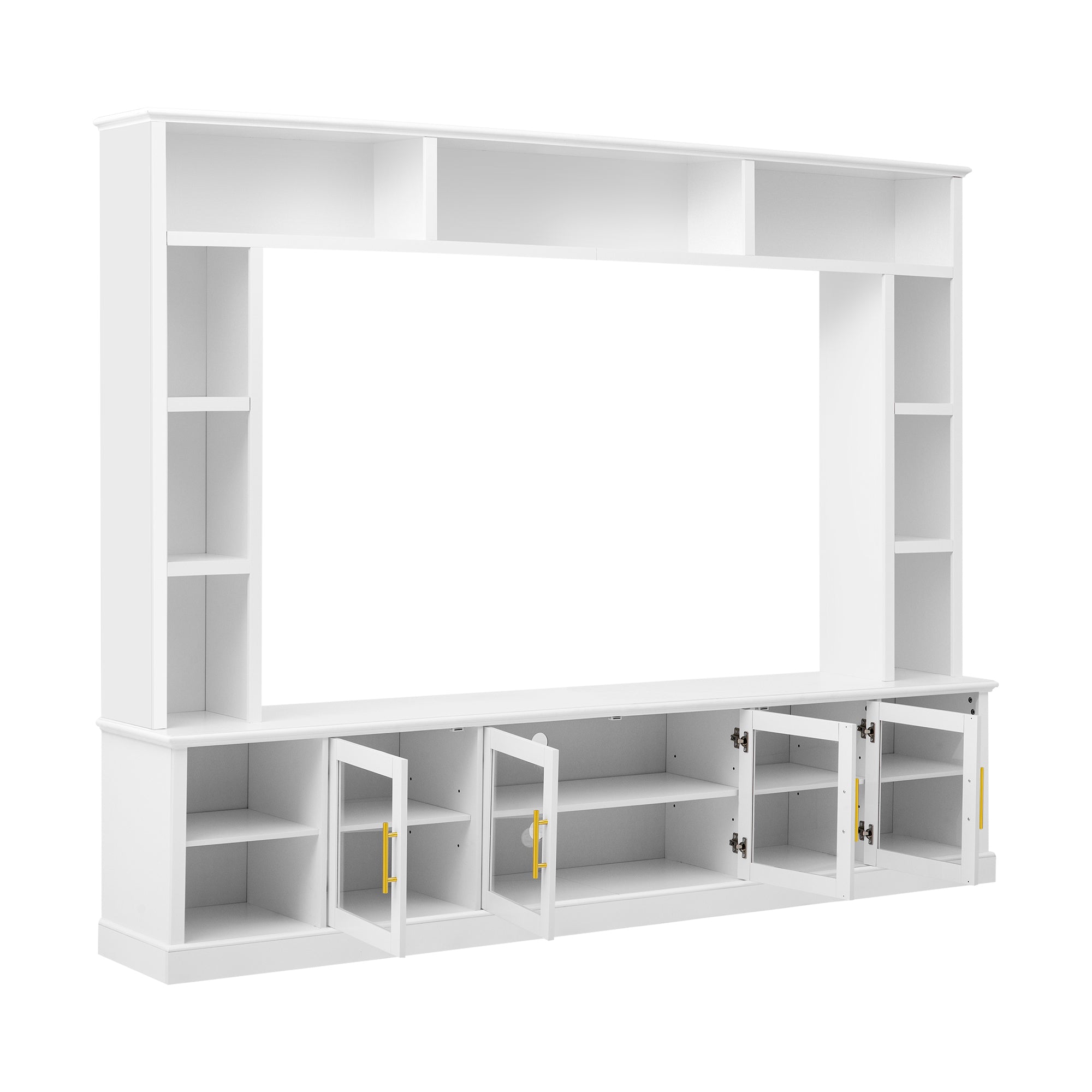 Modern All-in-One Entertainment Center with Bookshelves & Tempered Glass Doors, White TV Console Unit for Living Room, Holds TVs up to 80 inches, MDF and Glass Construction