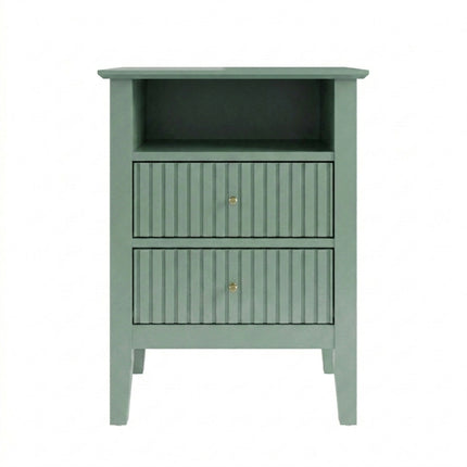 18' Green Fluted Nightstand with 2 Drawers - Modern Bedroom Sofa Side Table in Matte Green Finish with Gold Knobs and P2 MDF Construction