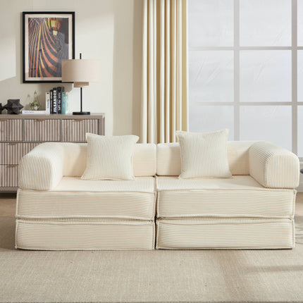 78' Convertible Sofa Bed, Modular Corduroy Couch with 2 Pillows, Space-Saving Compressed Floor Sofa, Ideal for Living Room, Bedroom, Apartment,Beige.
