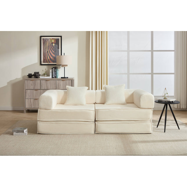 78' Convertible Sofa Bed, Modular Corduroy Couch with 2 Pillows, Space-Saving Compressed Floor Sofa, Ideal for Living Room, Bedroom, Apartment,Beige.
