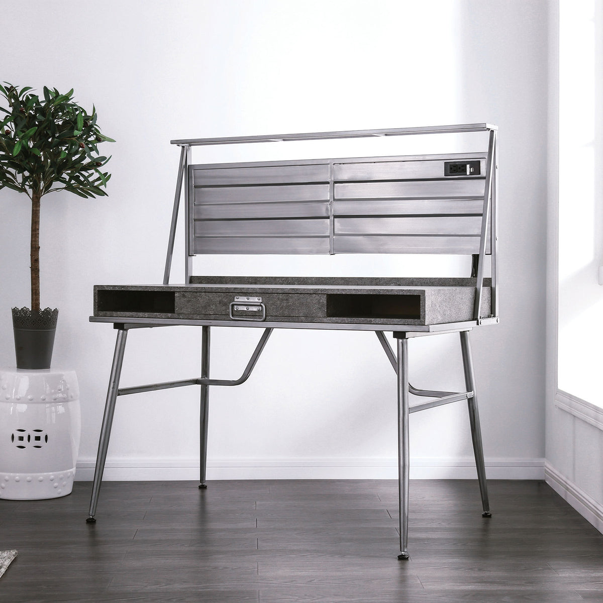 Industrial Style 1pc Desk One Drawer Two Open Shelves Tapered Legs Silver Finish Office Room Furniture