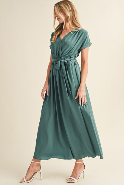 Wholesale Green Wrap V Neck Belted Pleated Maxi Dress - Eloy Royal