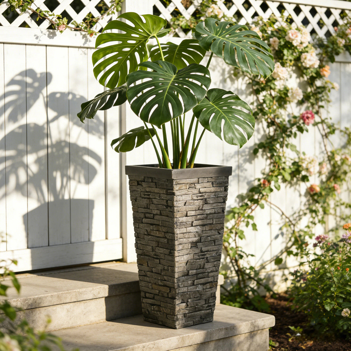 Tall Grey Stone-Effect MGO Planter - Indoor Outdoor Tall Square Plant Pot with Realistic Brick Texture, Weatherproof Heavy-Duty Container for Trees, Shrubs & Large Plants