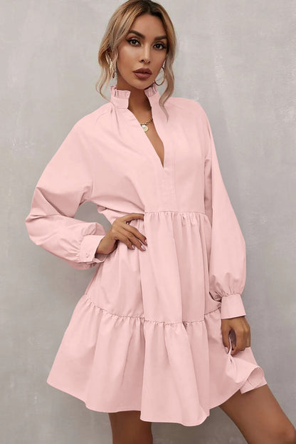 Pink Casual Stand V Neck Short Frill Dress - Eloy Royal