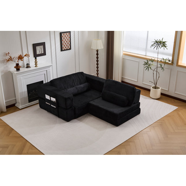 Foldable Castle Sofa Modular PlayCouch for Living Room & Bedroom Instant Expansion Comfortable & Creative Design Furniture Seater with One Middle Seat and One Side Seat,Black.