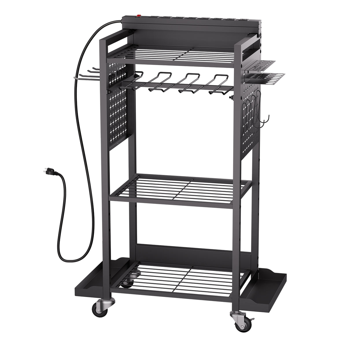 4-tier Tool Organizer Cart with Charging Station, 8 AC Outlet, Floor Stand Rolling Drill Holder and Tool Battery Storage Rack on Wheels, Garage Floor Rolling Storage Cart for Workshop, Garage