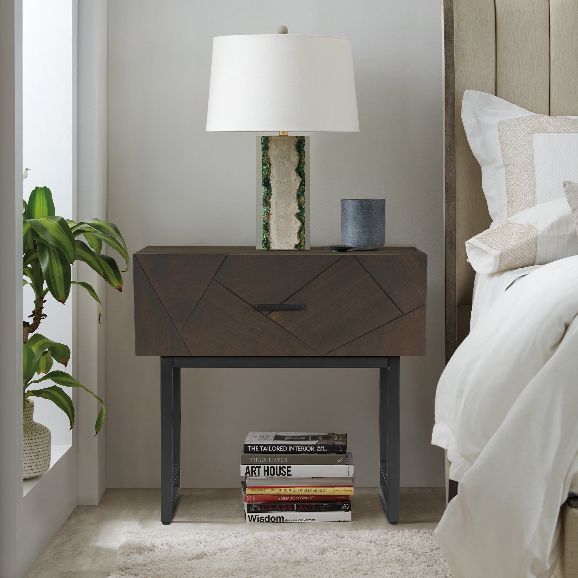 Marquis 1 Drawer Oak Wood Nightstand with Black Metal Legs