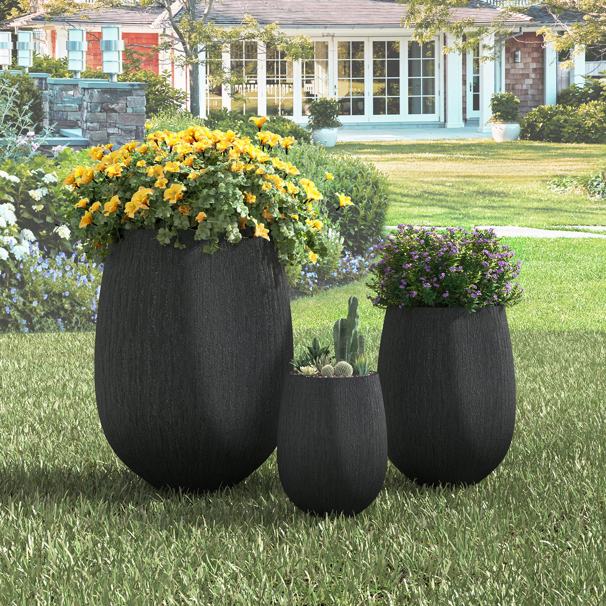 U_Style Egg-Shaped Lightweight MGO Outdoor Planter Set of 3,Modern Stone-Look Textured Flower Pots with Drainage Holes and Rubber Plug, Suitable for Patio, Garden, Poolside & Indoor