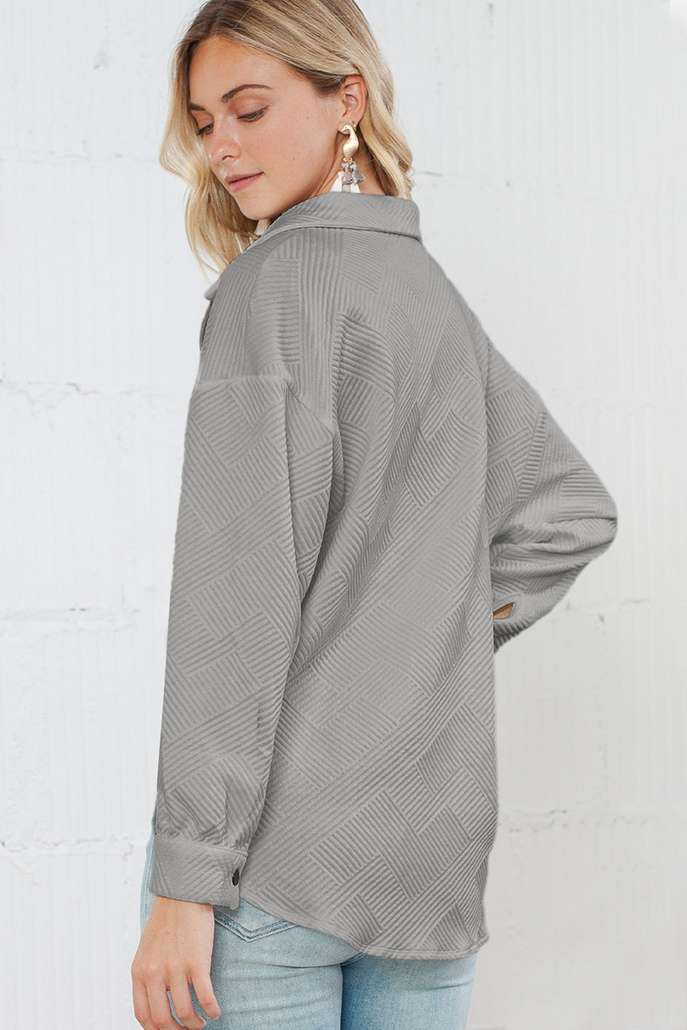 Wholesale Gray Solid Textured Flap Pocket Buttoned Shacket - Eloy Royal