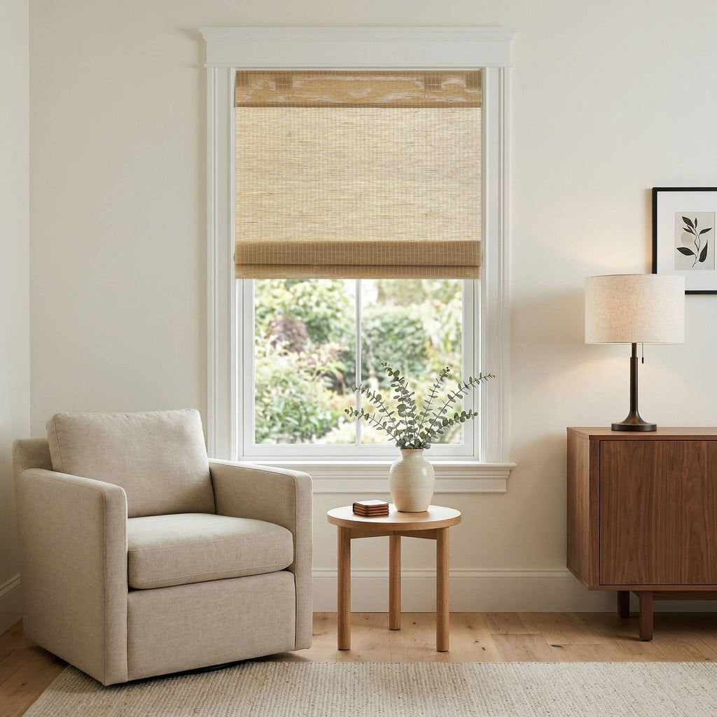 1 Piece 31x64' No Drill Natural Woven Light Filtering Cordless Roman Shade,Neutral