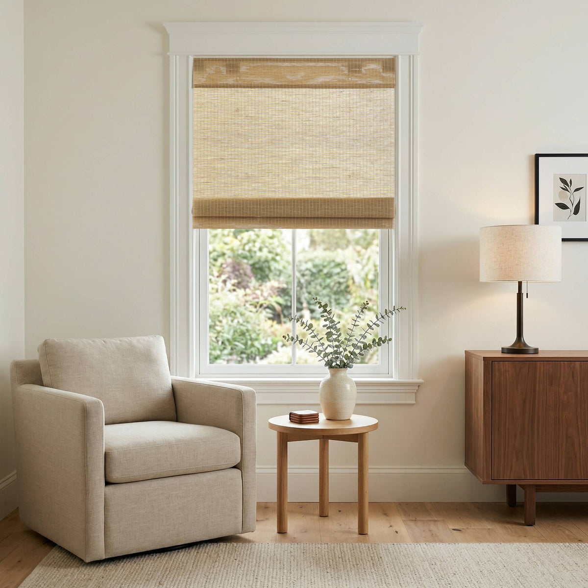 1 Piece 33x64' No Drill Natural Woven Light Filtering Cordless Roman Shade,Neutral