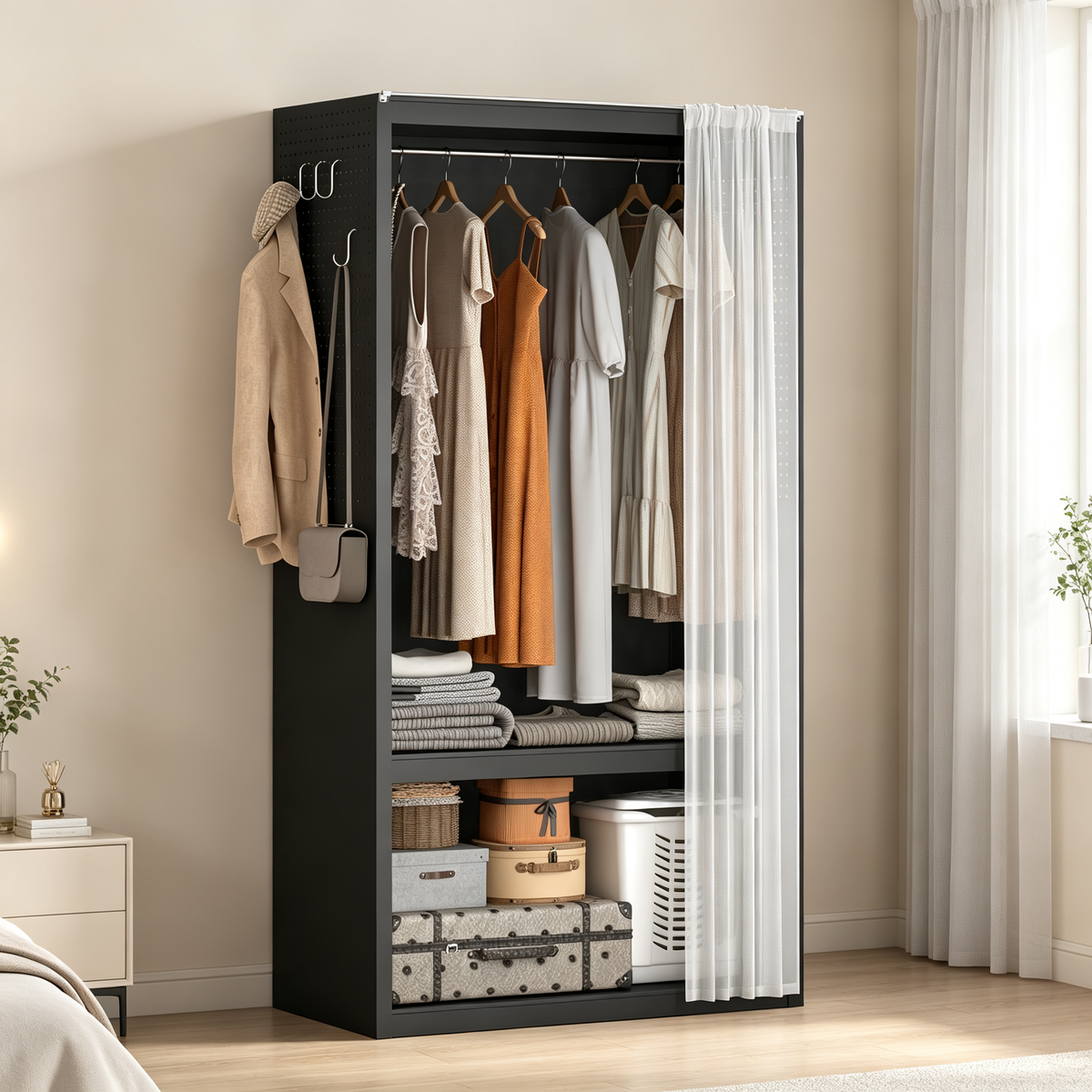 Freestanding Metal Wardrobe Closet With Sheer Curtain, Removable Hanging Rod, Middle Storage Shelf And 4 Side Hooks, Clothes Organizer For Bedroom, Dressing Room And Apartment
