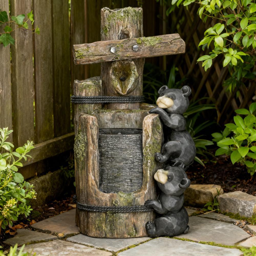 3-Tier Resin Bears on Log Outdoor Waterfall Fountain,Water Fountain with LED Lights, Pump