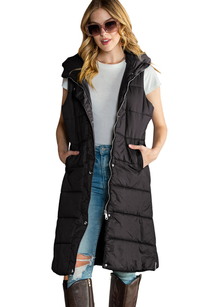 Black Hooded Pocketed Quilted Long Vest Coat - Eloy Royal