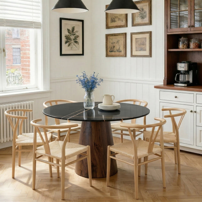 Table and chair set. A 42 inch rock slab round table, paired with six uniquely designed dining chairs with wood coloer metal legs. The table legs are made of walnut density board material.