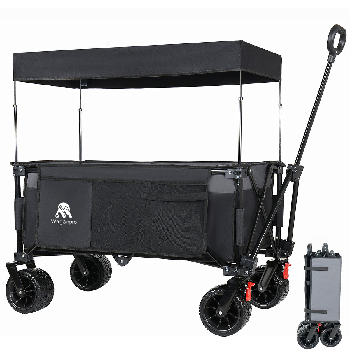 Multi-Functional Pull Folding Wagon Cart with Flexible Handle & Canopy, Heavy Duty Utility Cart with 7'x4' All-Terrain Wheels for Camping, Transport, Groceries, Sports, 480LBS/120L(Black Gray)