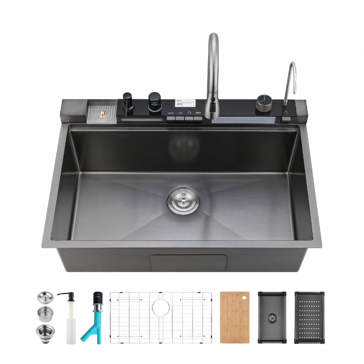 Pull-out Faucet Single Bowl Sink Kitchen Vegetable Sink 304 33'x22' Whale Waterfall Sink Stainless Steel Dish Sink wIth Dishwasher Accessories Household Vegetable Washing Basin, Black