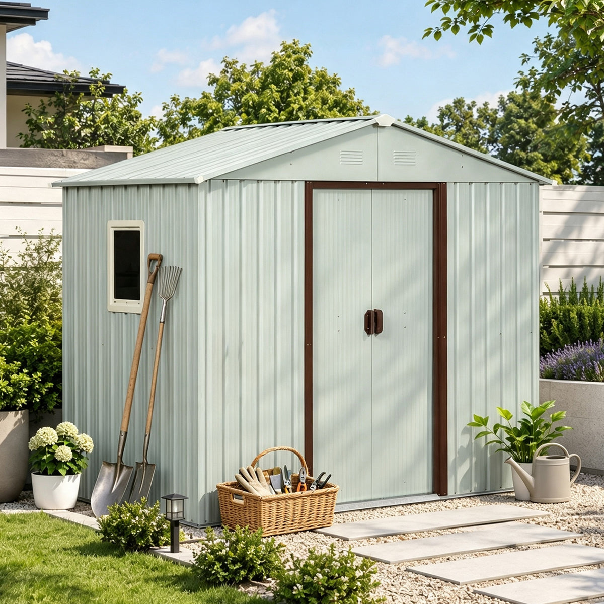 8ft x 4ft Outdoor Metal Storage Shed With window and metal foundation White(W54071039)