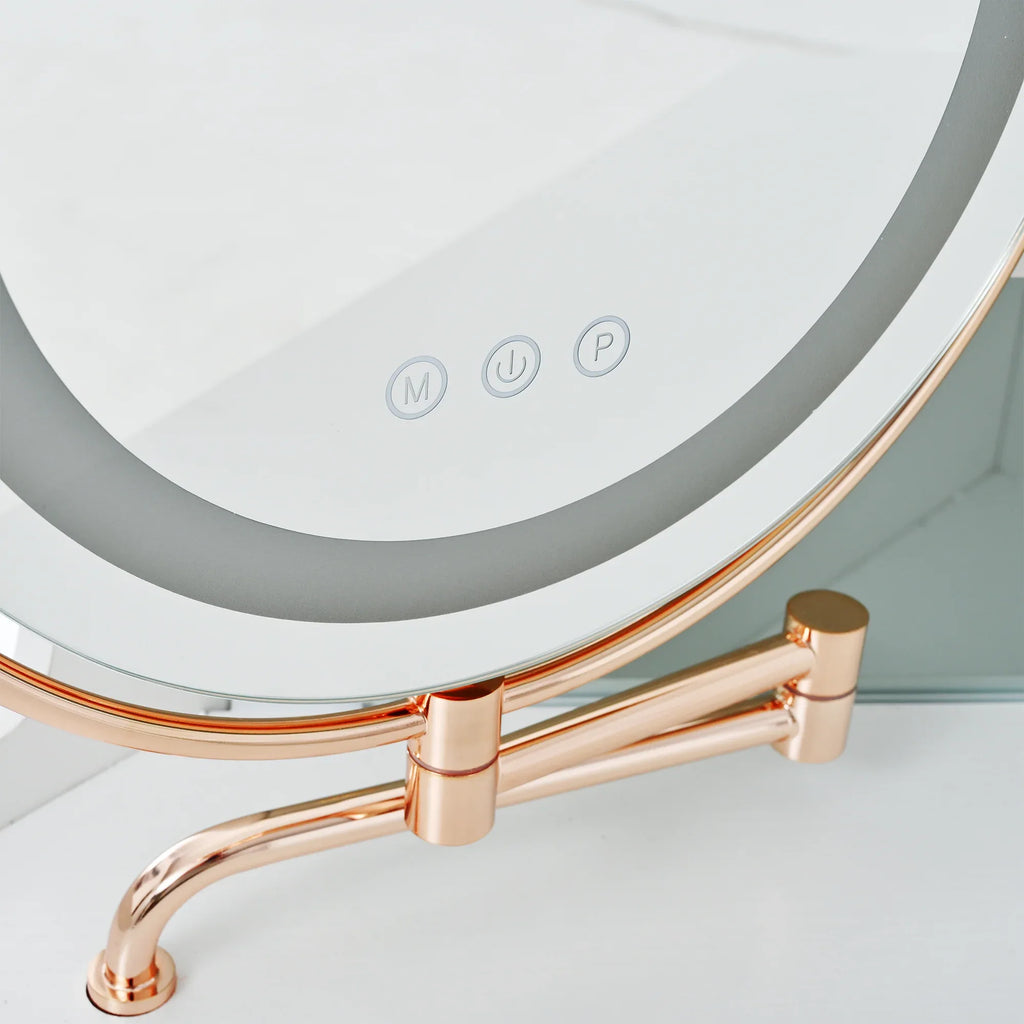 Corner Makeup Vanity Desk With Mirror & LED Lights, Modern Vanity Set With Mirror And Stool, Dressing Table With Large Storage For Small Place, Brightness Adjustable Folding Mirror, White - Eloy Royal