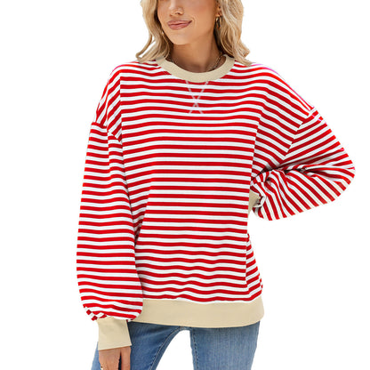 Women's Stripes Round Neck Contrast Color Loose Long Sleeve Sweatershirt