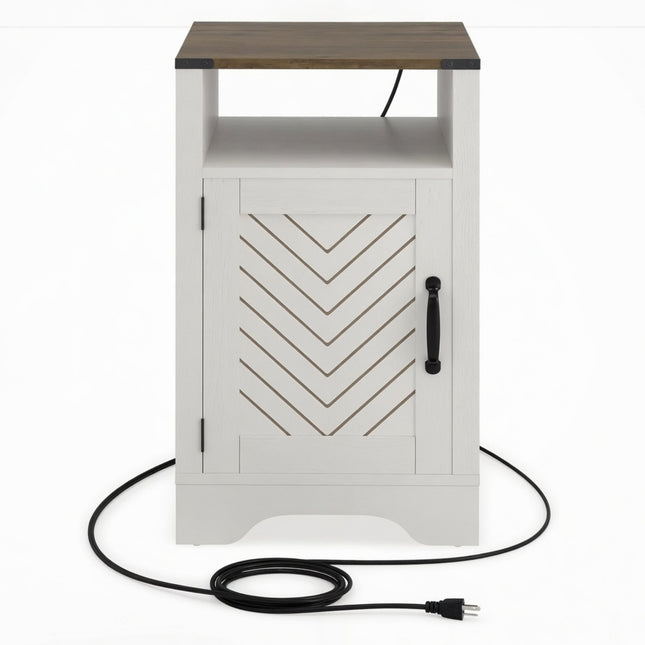 16' White & Rustic Oak Farmhouse Nightstand with Charging Station & Storage