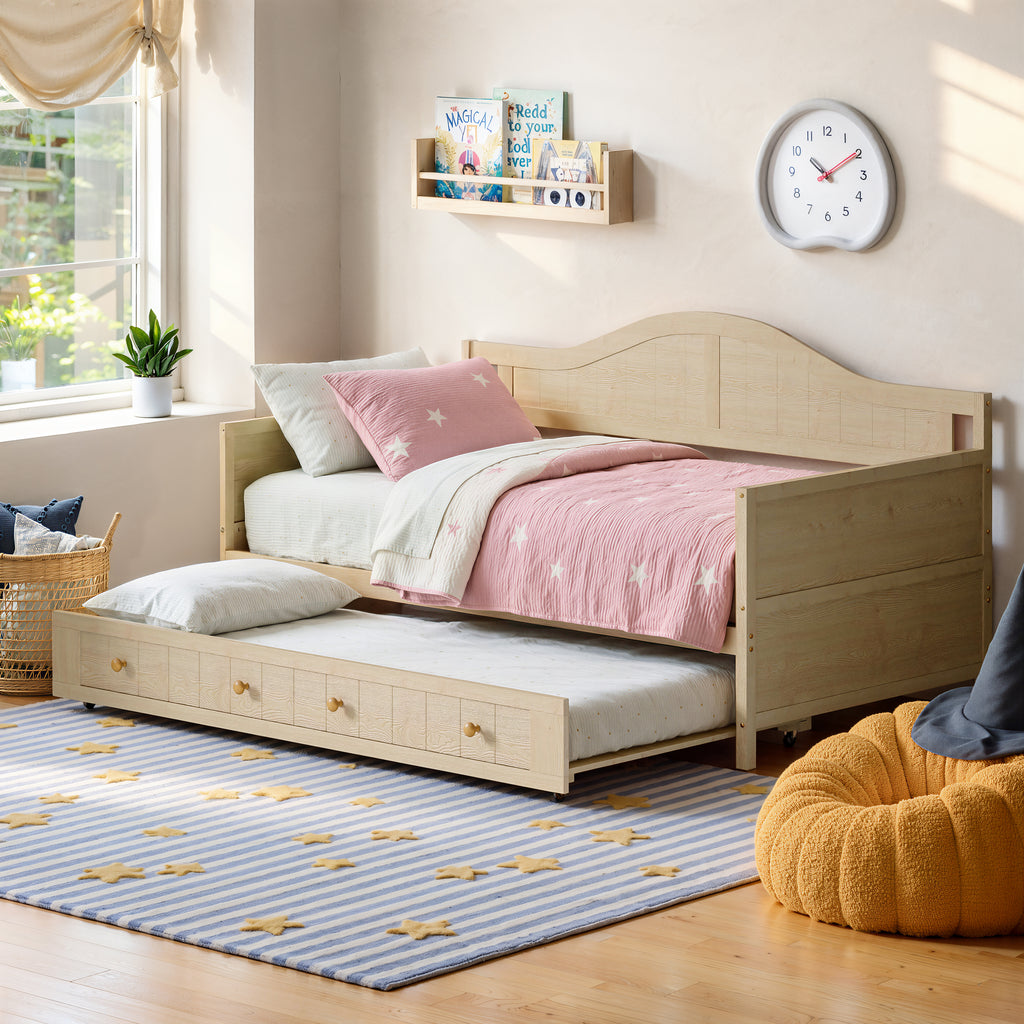 Twin Solid Wood Daybed with Drawer Rolling Trundle, Multi-Purpose Single Sofa Bed for Bedroom Living Room,Natural