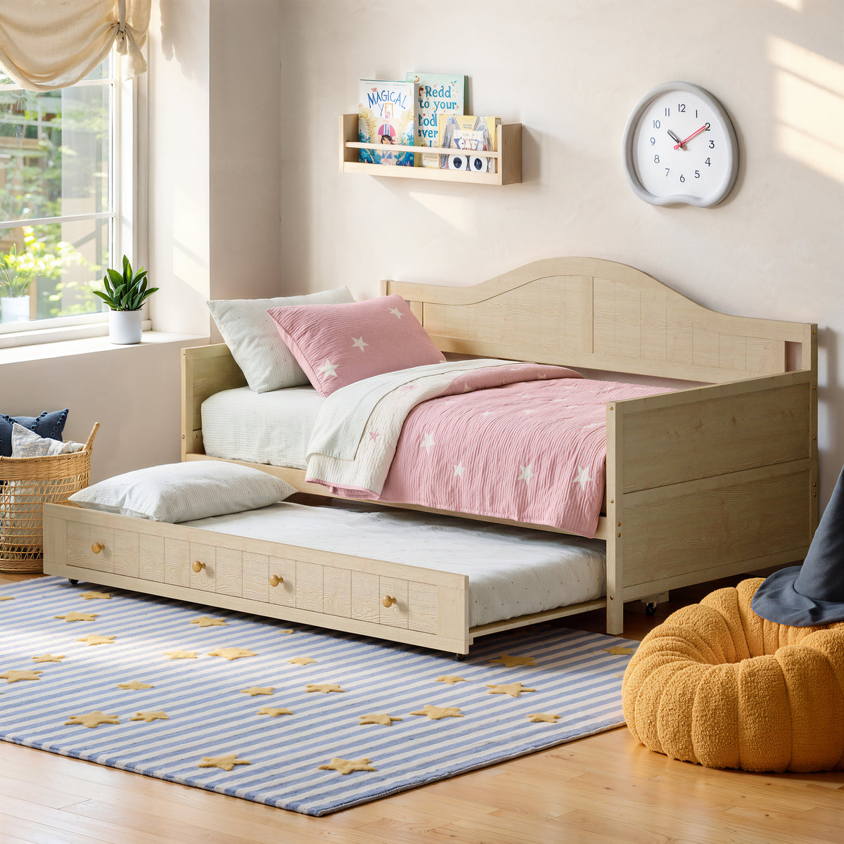 Twin Solid Wood Daybed with Drawer Rolling Trundle, Multi-Purpose Single Sofa Bed for Bedroom Living Room,Natural