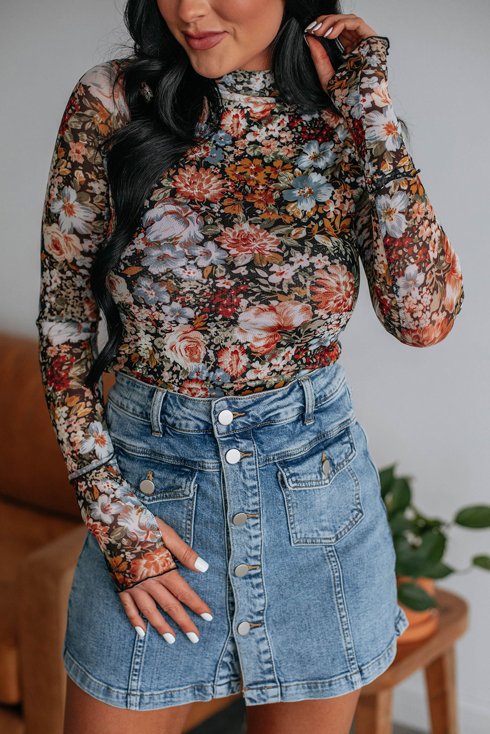 Pink Floral Print Mesh Mock Neck Slim Blouse