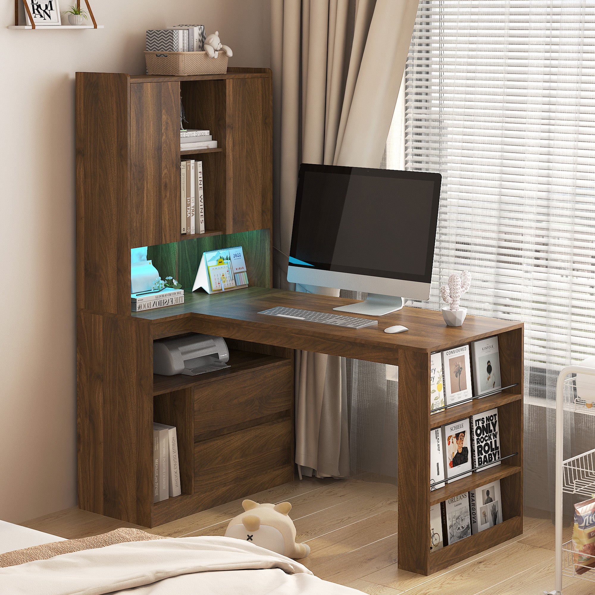 L Shaped Desk,Computer Desk with Drawers,Bookshelf,with LED Light,Modern Corner Desk,Home Office Desk,L-Shaped Study Table Writing Desk,Corner Gaming Computer Desk with Storage