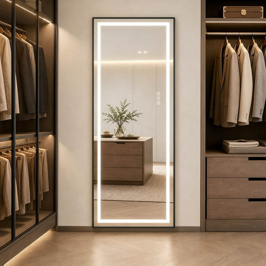 65' H x 21' W Black Framed Dimmable LED Full Length Mirror, Freestanding, Leaning or Wall-Mounted
