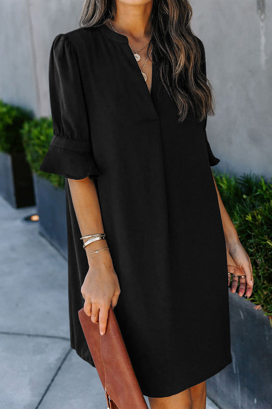 Black Split V Neck Short Sleeve Casual Tunic Dress - Eloy Royal