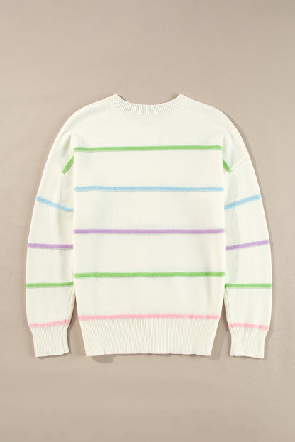 Pink Rainbow Striped Drop Sleeve Henley Sweater