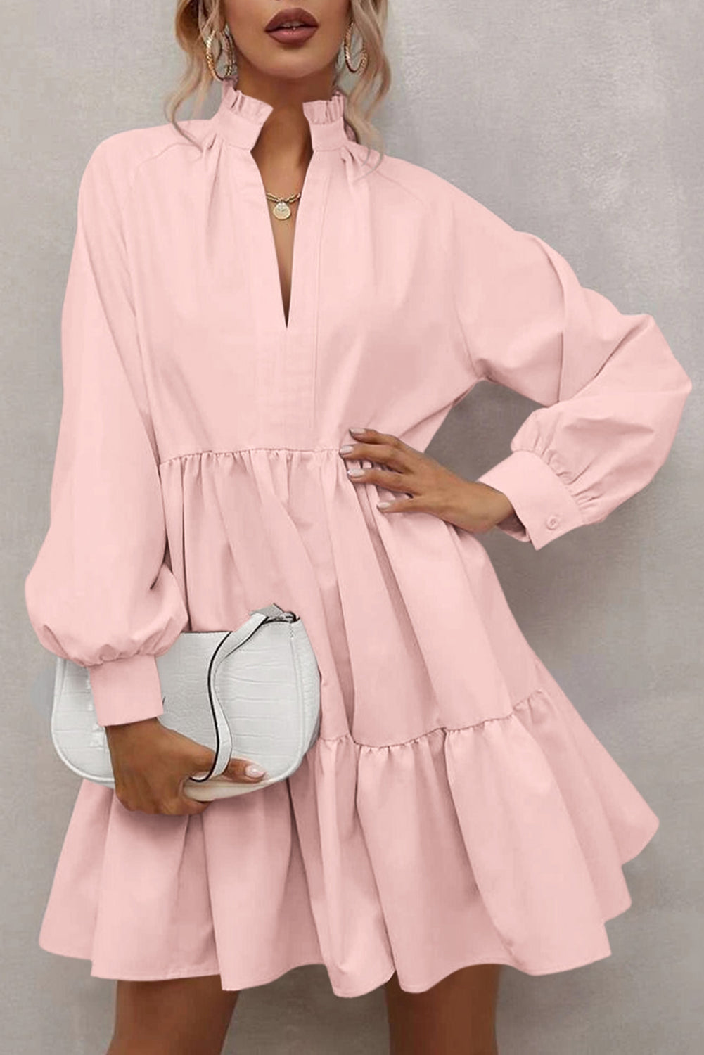 Pink Casual Stand V Neck Short Frill Dress - Eloy Royal