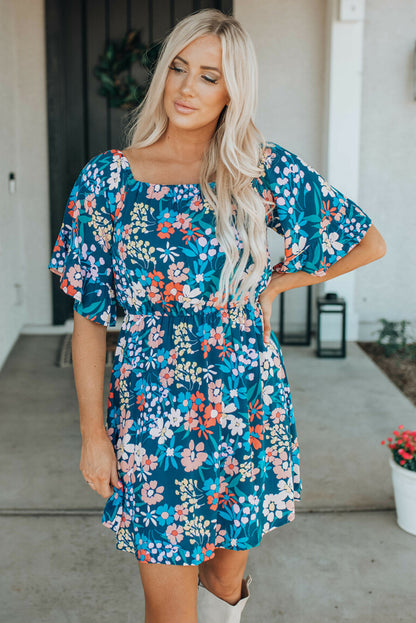 Dark Blue Bohemian Floral Print Off Shoulder Short Dress - Eloy Royal