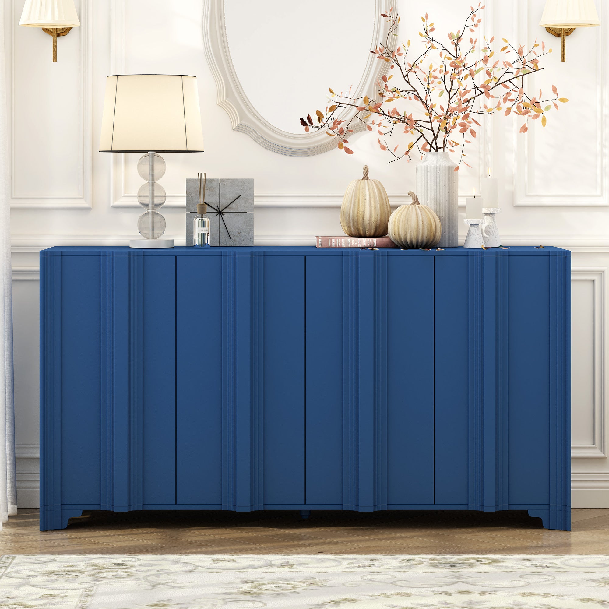 U_STYLE Sophisticated 4-Door Sideboard Adorned with Intricate Linear Accents and Luxurious Multi-Layered Pine Veneer Design Elements,Suitable for Living Rooms, Entrance and Study Rooms