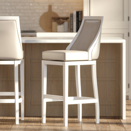 Swivel 31'H Bar Stool with Tall Back, White with Gray Faux-Leather Seat, 1PC
