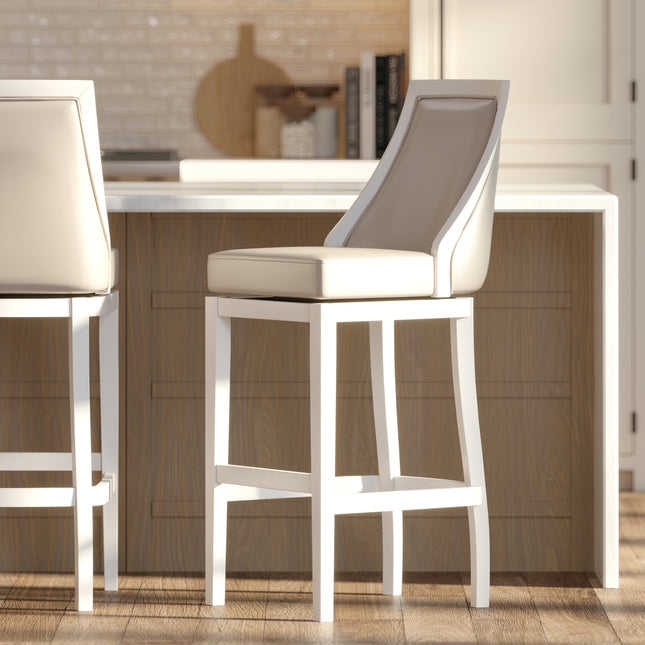 Swivel 31'H Bar Stool with Tall Back, White with Gray Faux-Leather Seat, 1PC