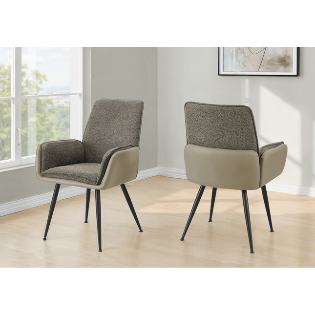 Dining Chair, 36' Height, Set Of 2, Upholstered, Side, Dining Room, Kitchen, Brown Fabric, Taupe Leather Look, Contemporary, Modern